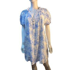Entro Womens Blue & White Floral Puff Sleeve Mini V-Neck Dress - Size M EUC